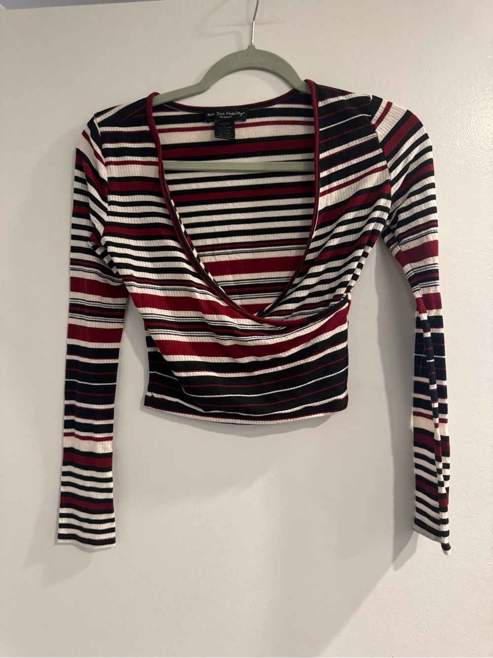 See You Monday Burgundy Black White Striped Wrap Crop Top Women’s Small